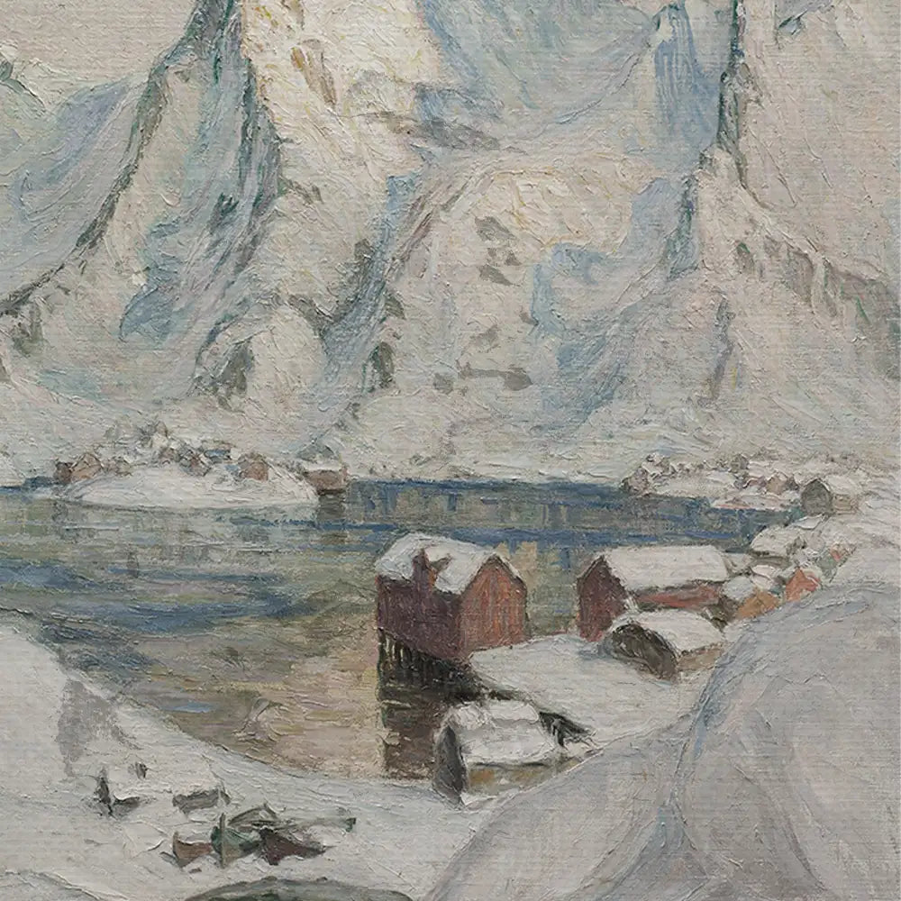 Oil painting of a serene snowy landscape featuring red wooden houses by a calm lake, surrounded by majestic mountains.