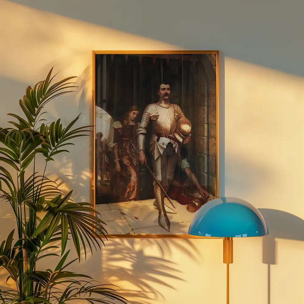 Framed painting of a knight in armor with two figures in historical attire, displayed against a modern wall with a plant and a stylish lamp.