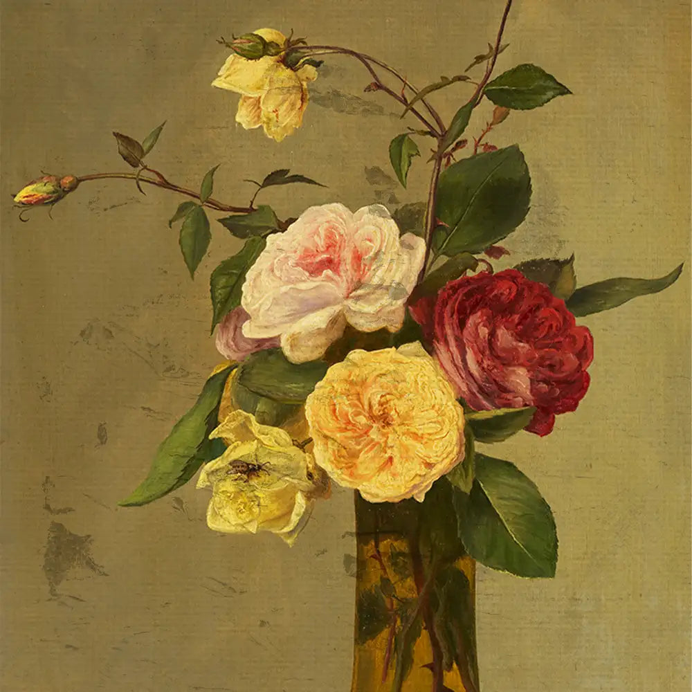 A beautiful still-life painting of a bouquet with pink, red, and yellow roses in a glass vase against a muted background.