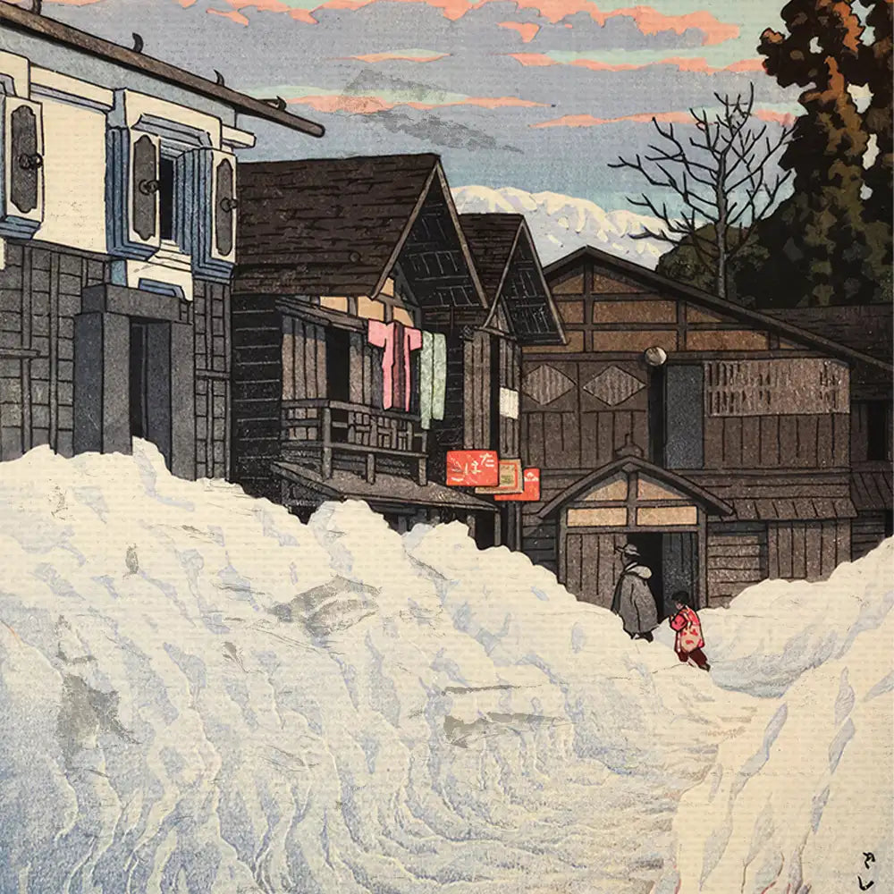 Contemporary painting of a snowy street scene featuring traditional wooden houses, with two figures walking through the snow and a colorful sky at sunset.