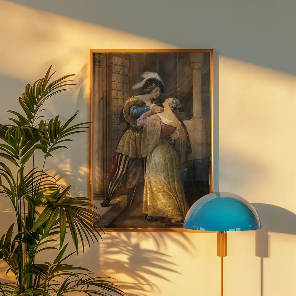 Romantic painting depicting a couple embracing, framed and displayed on a wall with a potted plant and a modern lamp in the foreground.