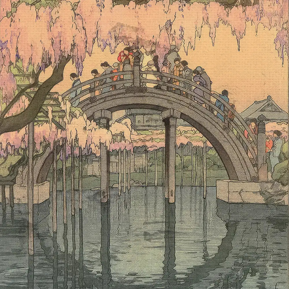 A serene landscape painting featuring a curved stone bridge surrounded by lush greenery and flowering wisteria, with people gracefully crossing the bridge over a calm body of water.