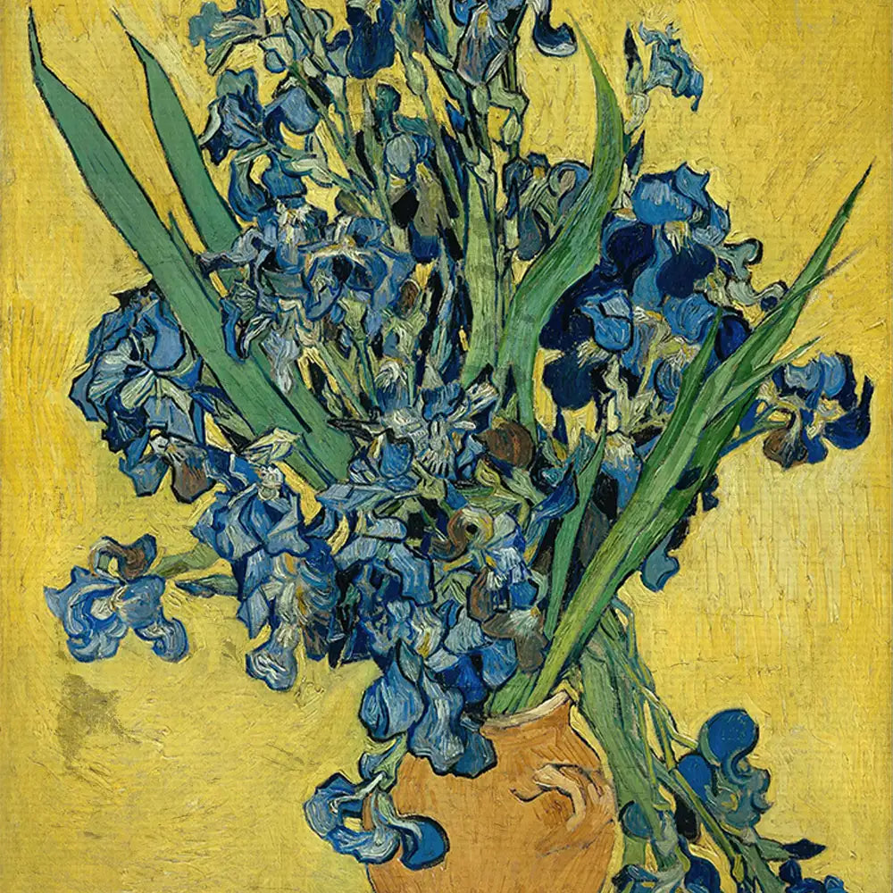 A vibrant painting of blue irises in a brown vase set against a bright yellow background.