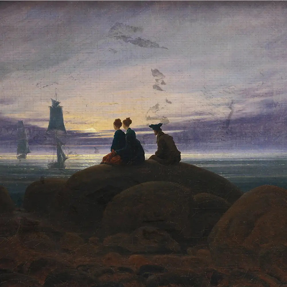Two women and a dog seated on rocks overlooking a serene ocean scene at sunset, with sailing ships in the distance and a colorful sky.