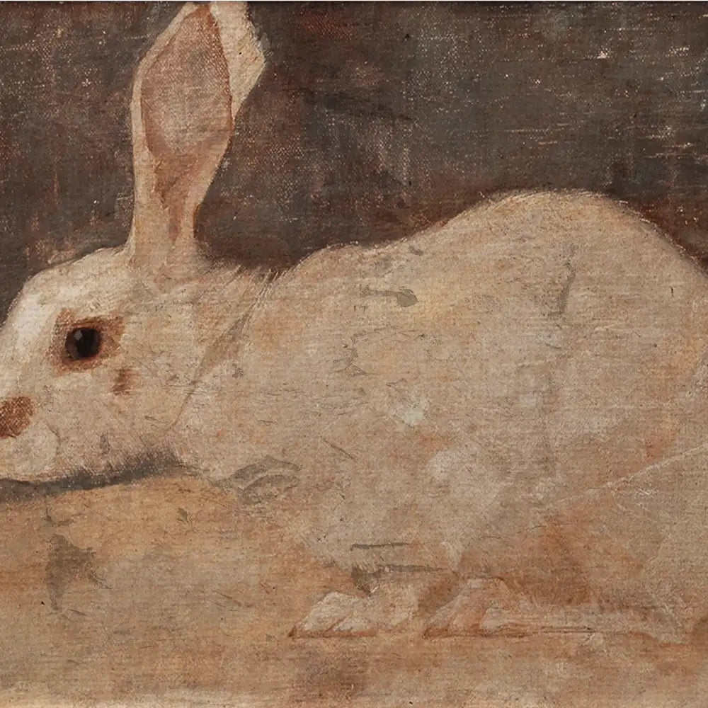 Historic painting of a white rabbit lying on a surface with a dark background.