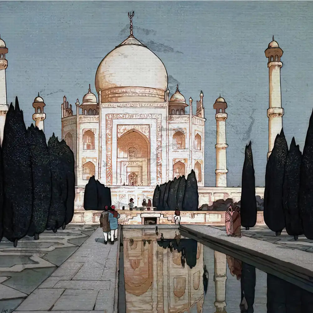 Watercolor painting of the Taj Mahal reflecting in a pool with visitors and lush trees in the foreground.