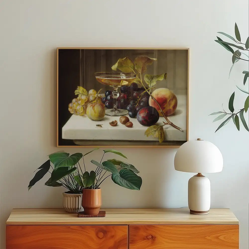 Still life painting of fruit and a cocktail glass displayed on a white table, surrounded by potted plants and a lamp in cozy interior setting.