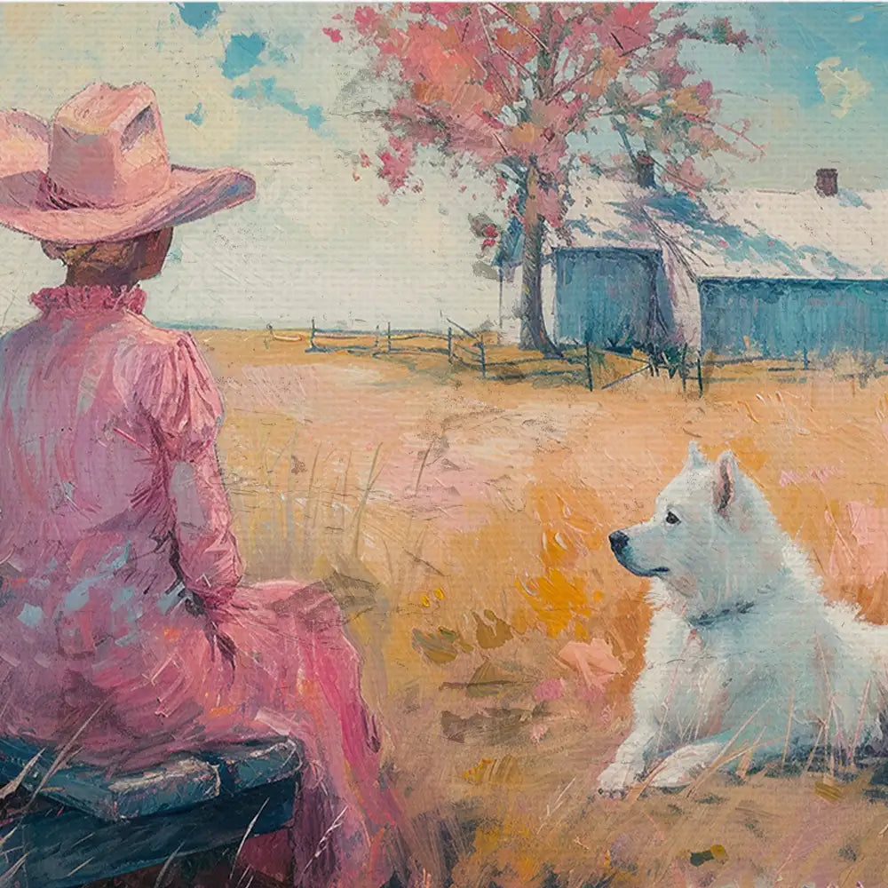 Painting of a woman in a pink dress and hat sitting on a wooden bench, gazing at a white dog in a grassy field with a blue barn and pink tree in the background.