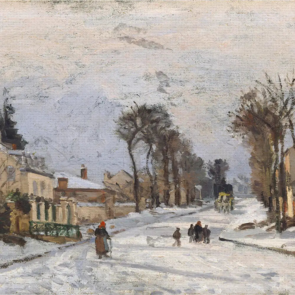 Winter landscape painting featuring a snowy street with trees and houses, depicting people walking and a horse-drawn carriage.