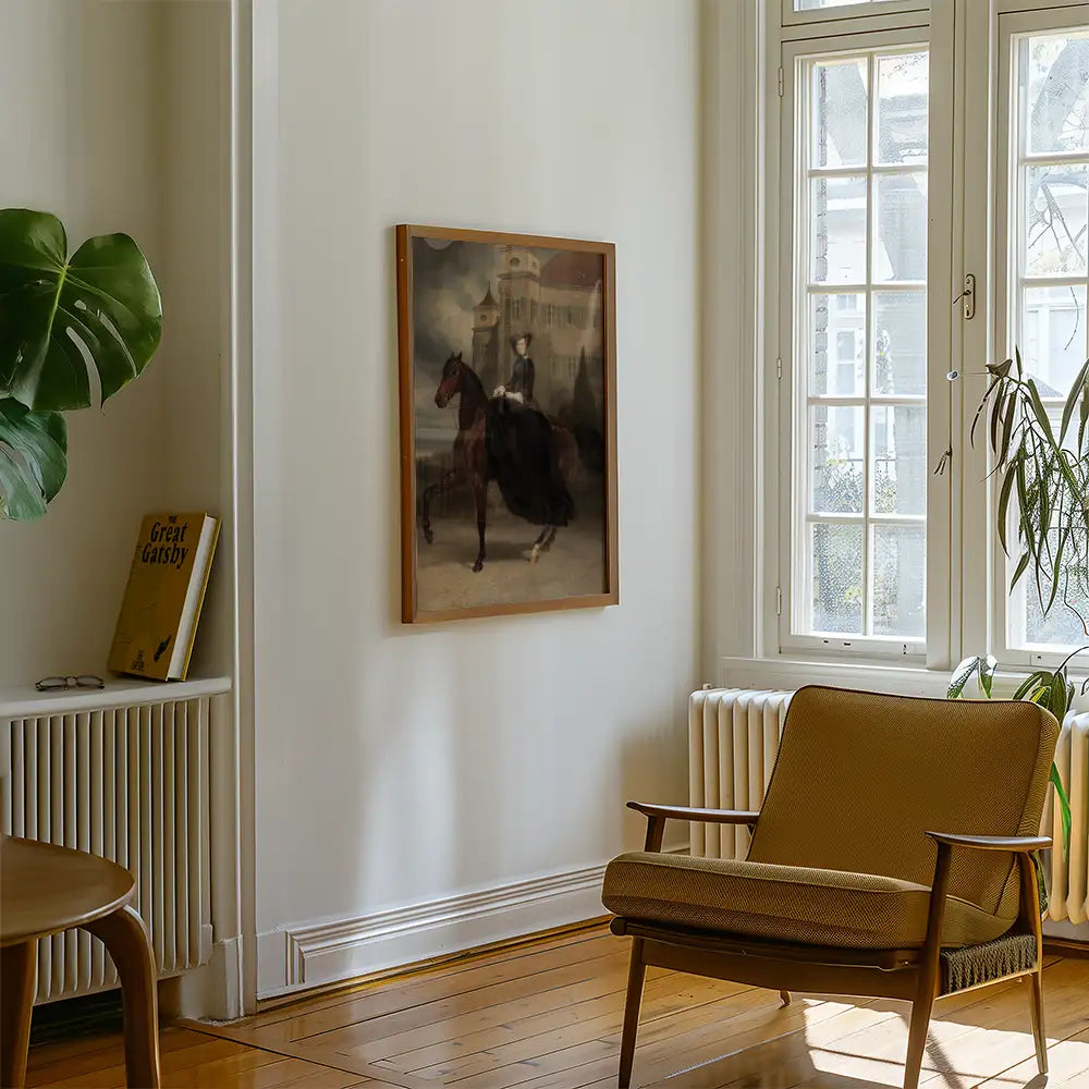 Painting of a woman on a horse framed on a wall in a cozy interior featuring a brown armchair and a leafy plant.