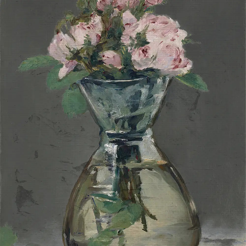 Painting of a glass vase filled with pink flowers against a neutral gray background.