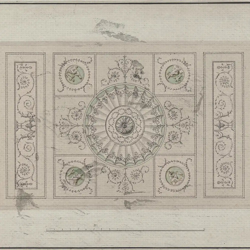 Antique-style decorative ceiling design featuring intricate floral patterns and circular motifs in muted colors.