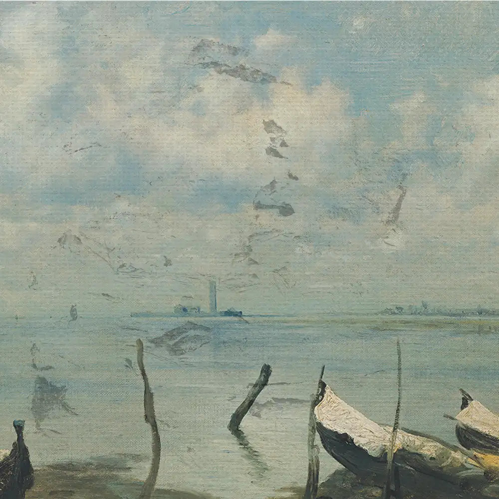 A serene landscape painting depicting calm waters, distant boats, and a cloudy sky with gentle hues of blue and gray.