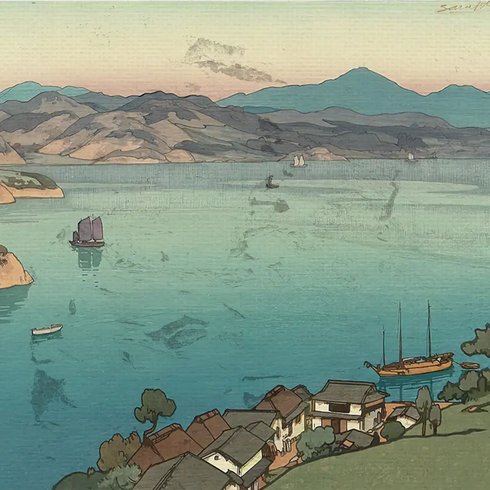Landscape painting featuring a serene body of water surrounded by hills and boats, with a pastel sky at sunset.