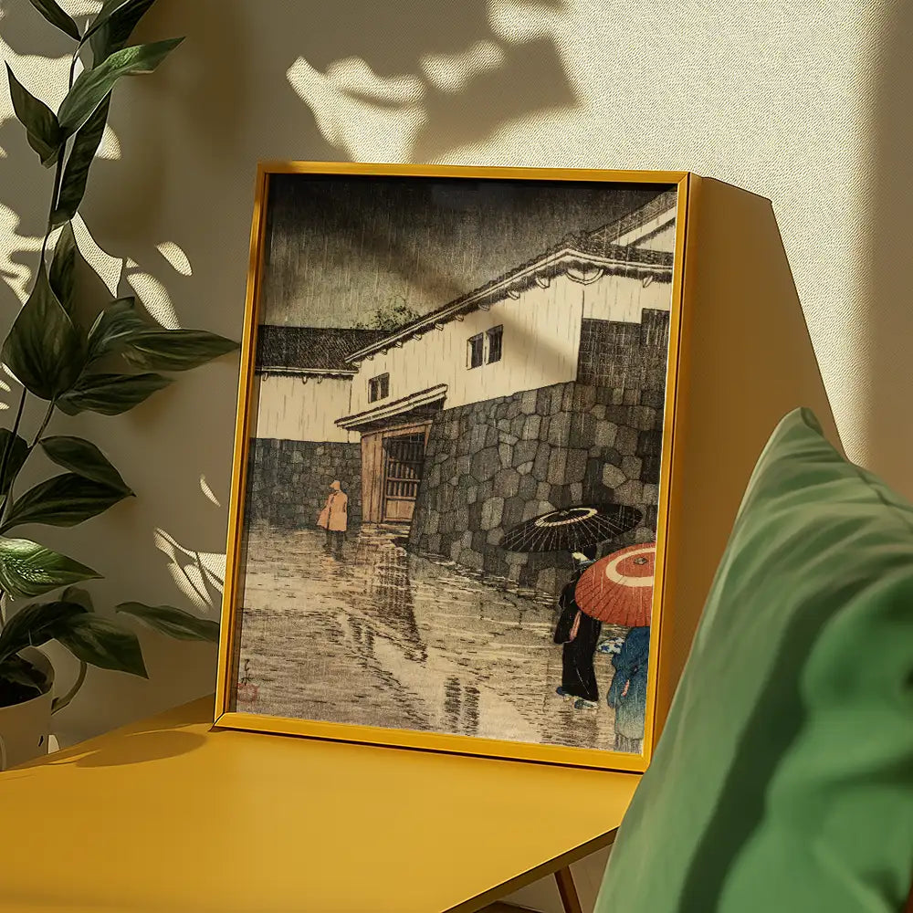 Framed painting of a rainy street scene with people holding umbrellas and a traditional building in the background, placed on a yellow tabletop with green cushions and plant.