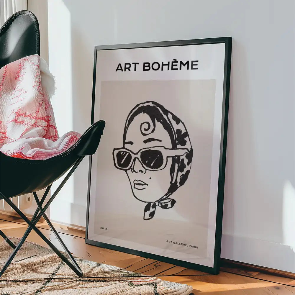 Modern poster of a vintage art piece featuring a woman in sunglasses with a scarf, framed with the text "ART BOHÈME", displayed in a stylish interior setting.