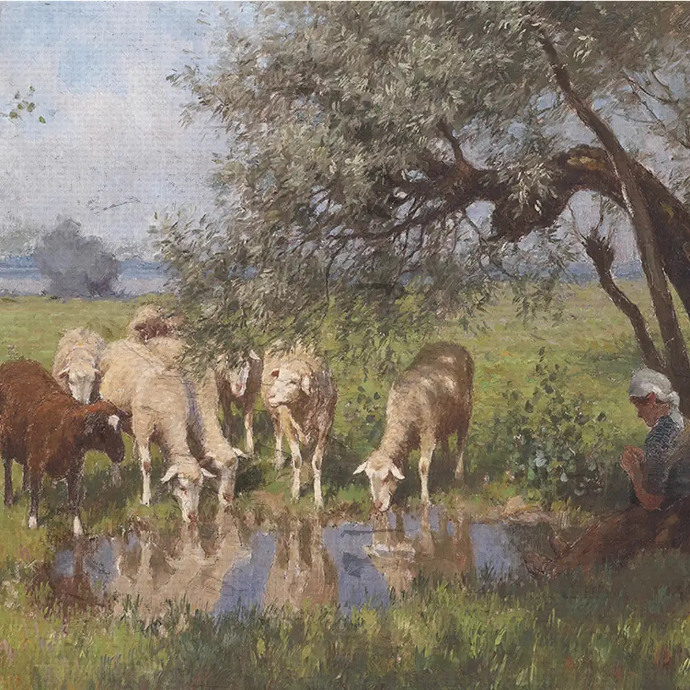 Painting of sheep and a cow gathered around a water pond, with a woman sitting nearby under a tree in a pastoral landscape.