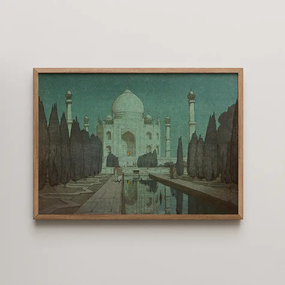Framed painting of the Taj Mahal with dark green background, reflecting in a water pathway surrounded by tall trees.