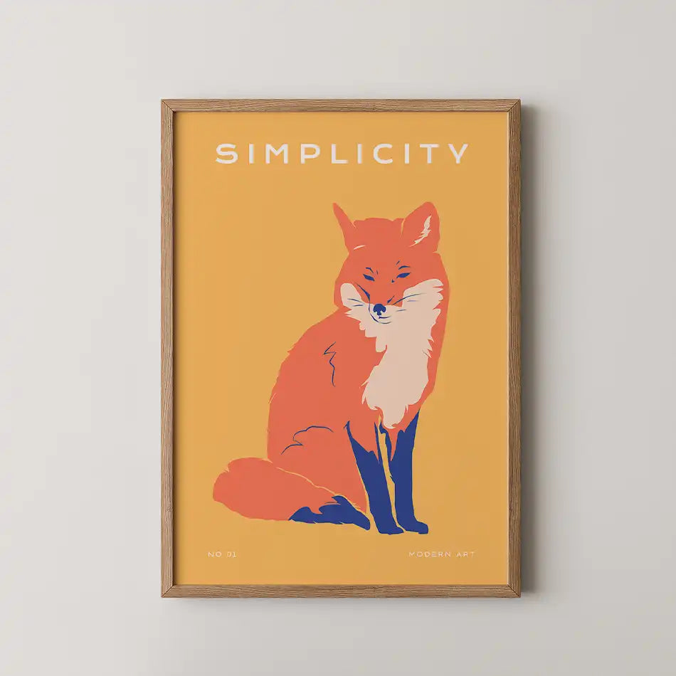 Sly Fox modern wildlife art print featuring a stylized fox in vibrant orange and blue against a golden yellow background, perfect for contemporary decor.