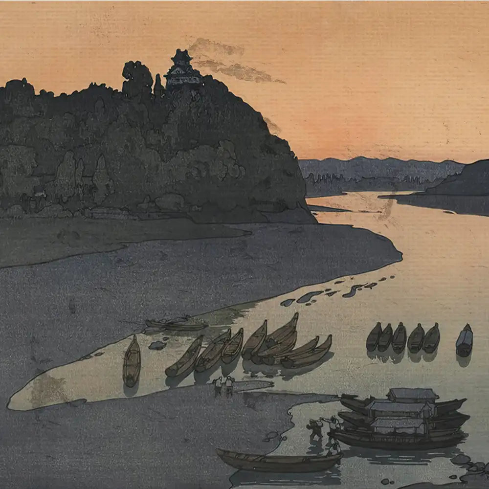 Serene landscape painting of a river at sunset, featuring boats along the shore and a distant hill with a castle-like structure.