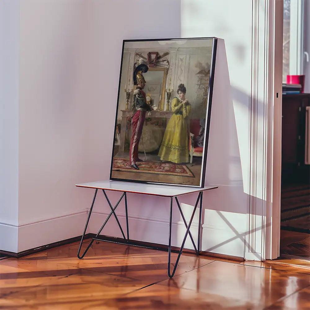 Painting of a soldier and a woman in a yellow dress, displayed on an easel in a bright room with wooden flooring.