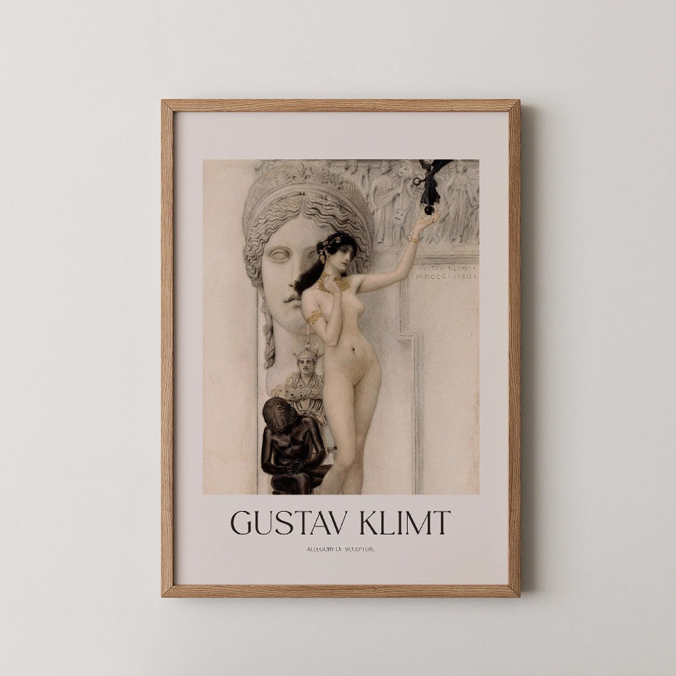 Framed art print of a female figure beside classical sculptures by Gustav Klimt, titled "Allegory of Sculpture," with a minimalist background.