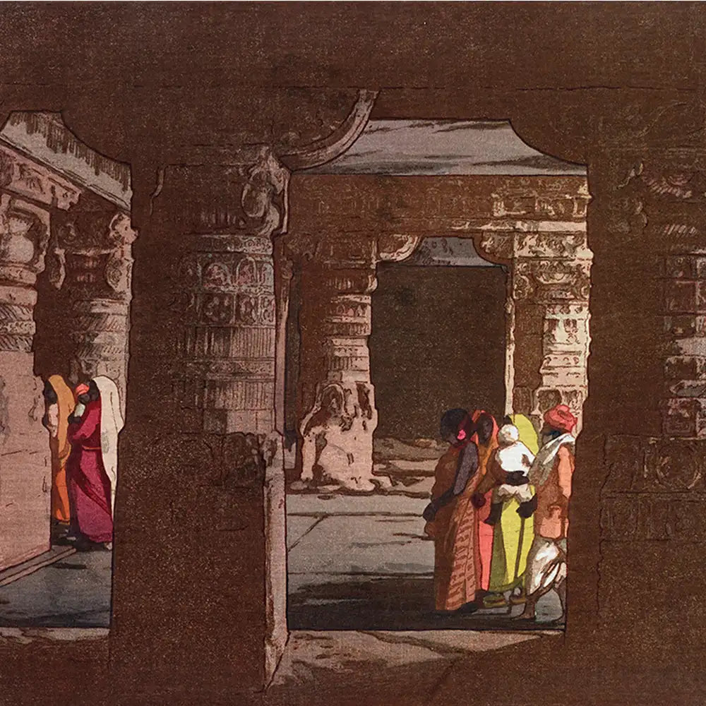 Painting depicting a group of people dressed in traditional attire exploring an ancient temple with intricately carved pillars.