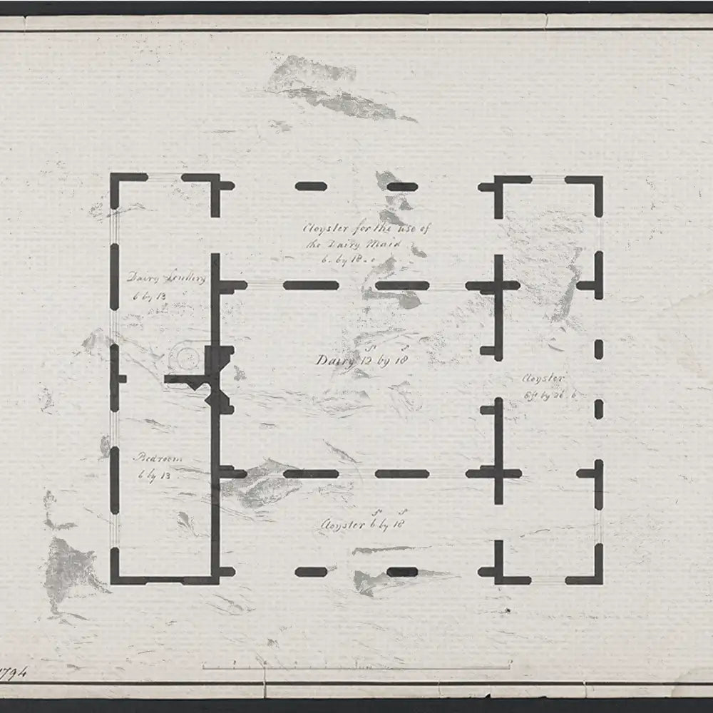Blueprint illustration of a dairy barn layout with measurements and notes.