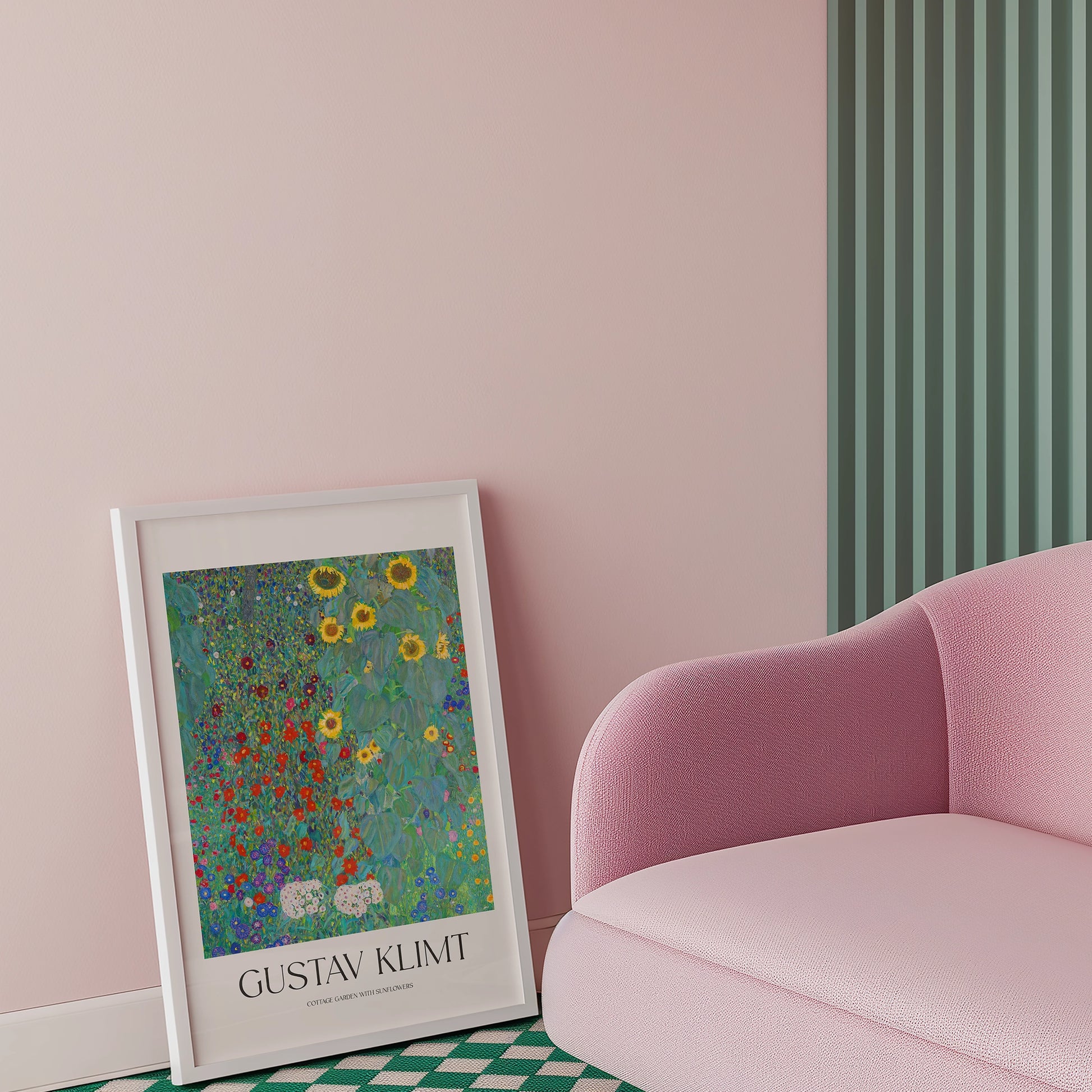 Framed painting by Gustav Klimt featuring sunflowers and vibrant flowers, displayed in a modern pink and green interior setting.