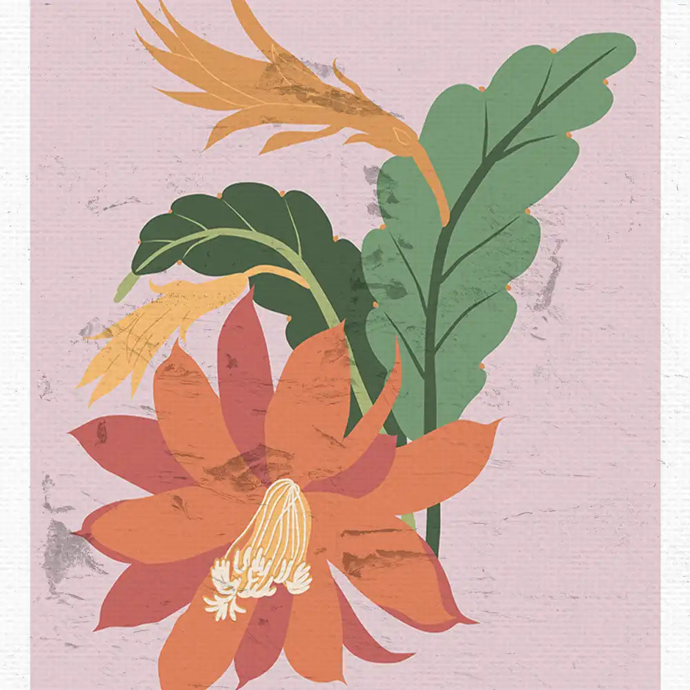 Modern floral poster featuring vibrant orange flowers and green leaves on a textured pink background, perfect for home decor.