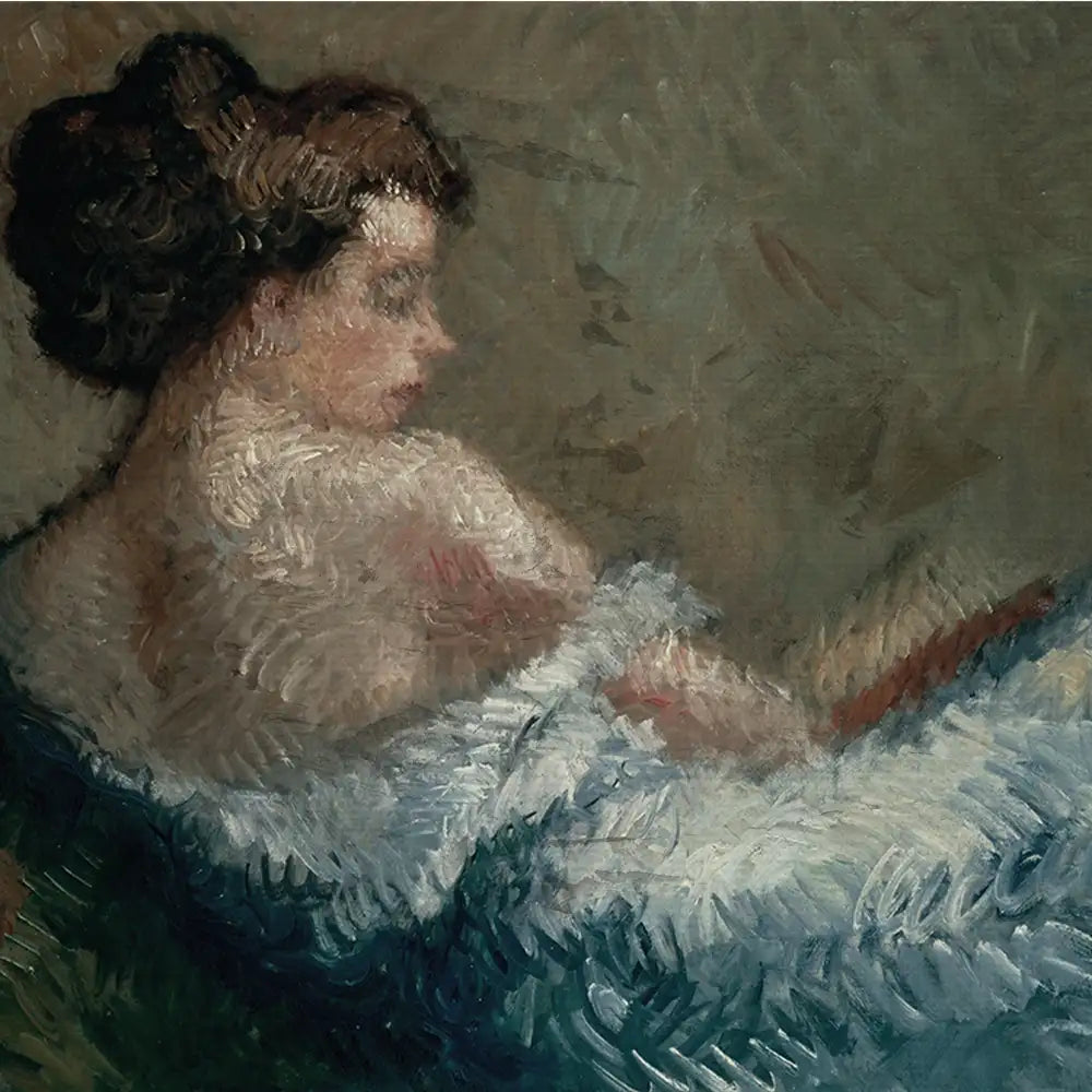 Painting of a woman seen from the side, with soft brush strokes depicting her bare shoulder and dark hair, set against a muted background.