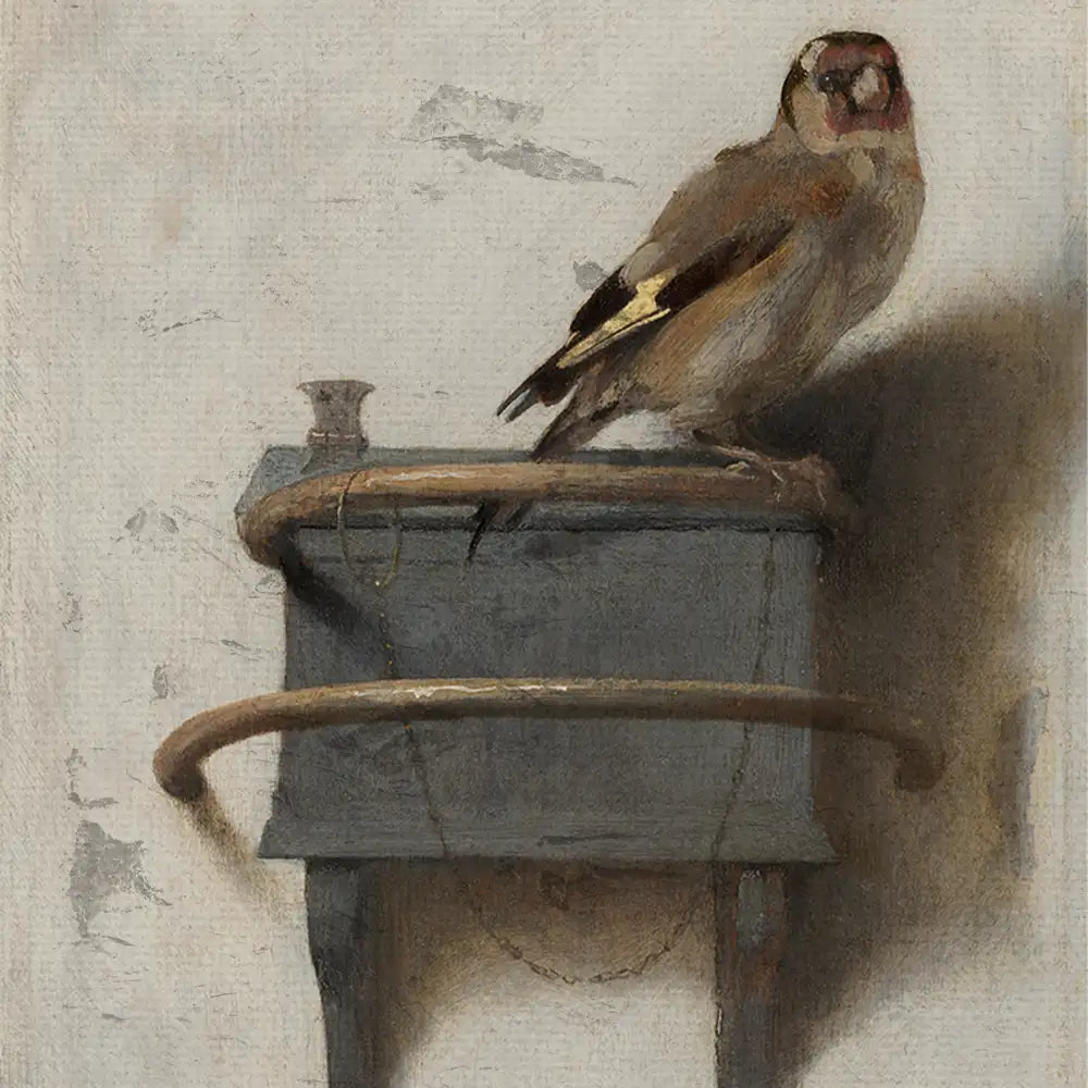 A detailed painting of a colorful bird perched on a rustic blue wooden box with a curved metal handle against a light-colored wall background.