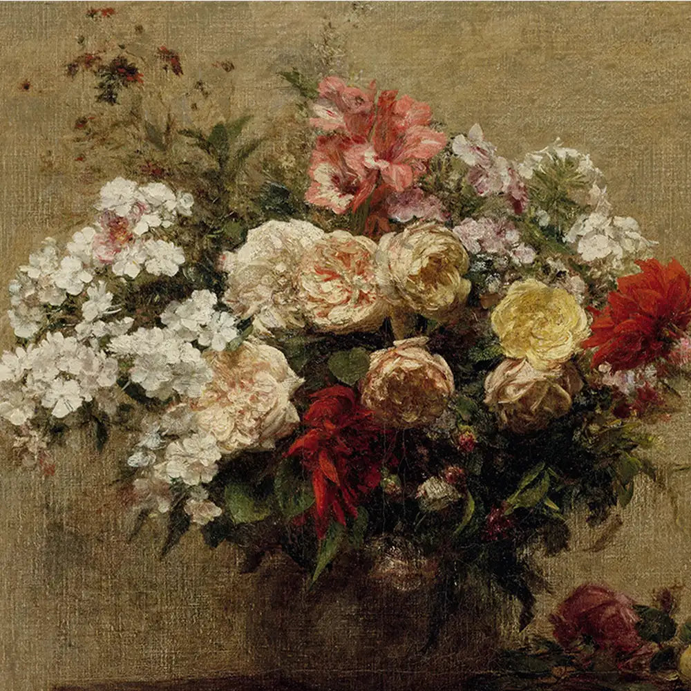 Bouquet of colorful flowers including peonies, dahlias, and white blossoms in a vase against a textured neutral background.