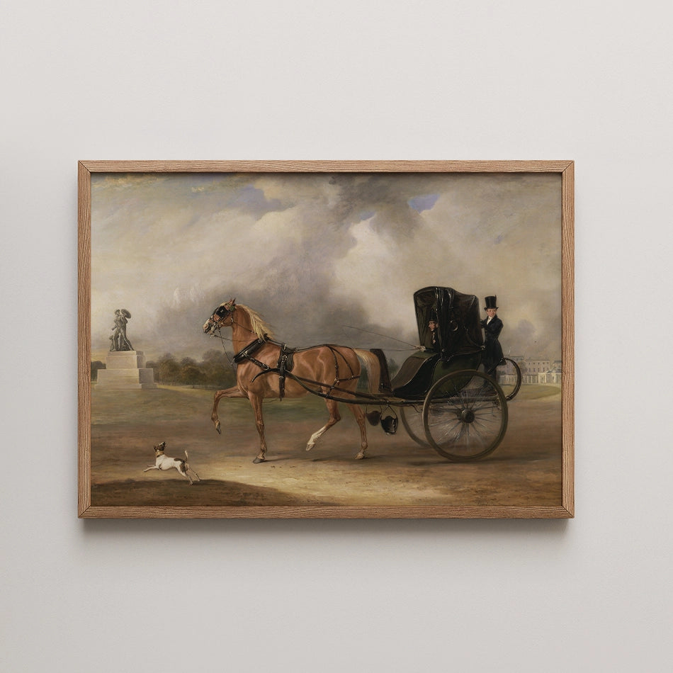 Vintage painting of a horse-drawn carriage with a man in top hat, a small dog running alongside, and a cloudy sky in the background.