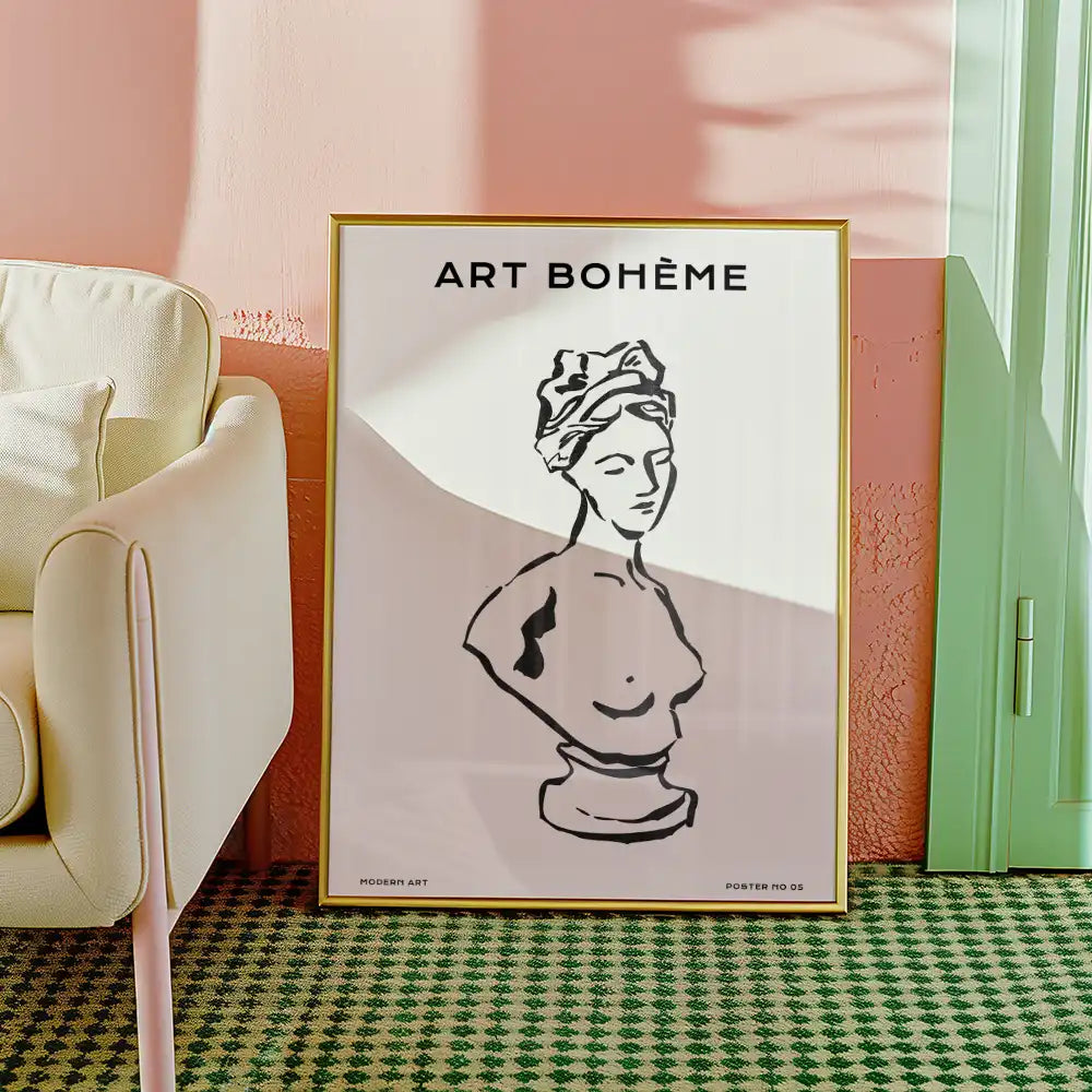 Modern art poster featuring a minimalist black outline of a bust with the text "ART BOHÈME," elegantly framed and displayed in a chic interior setting.