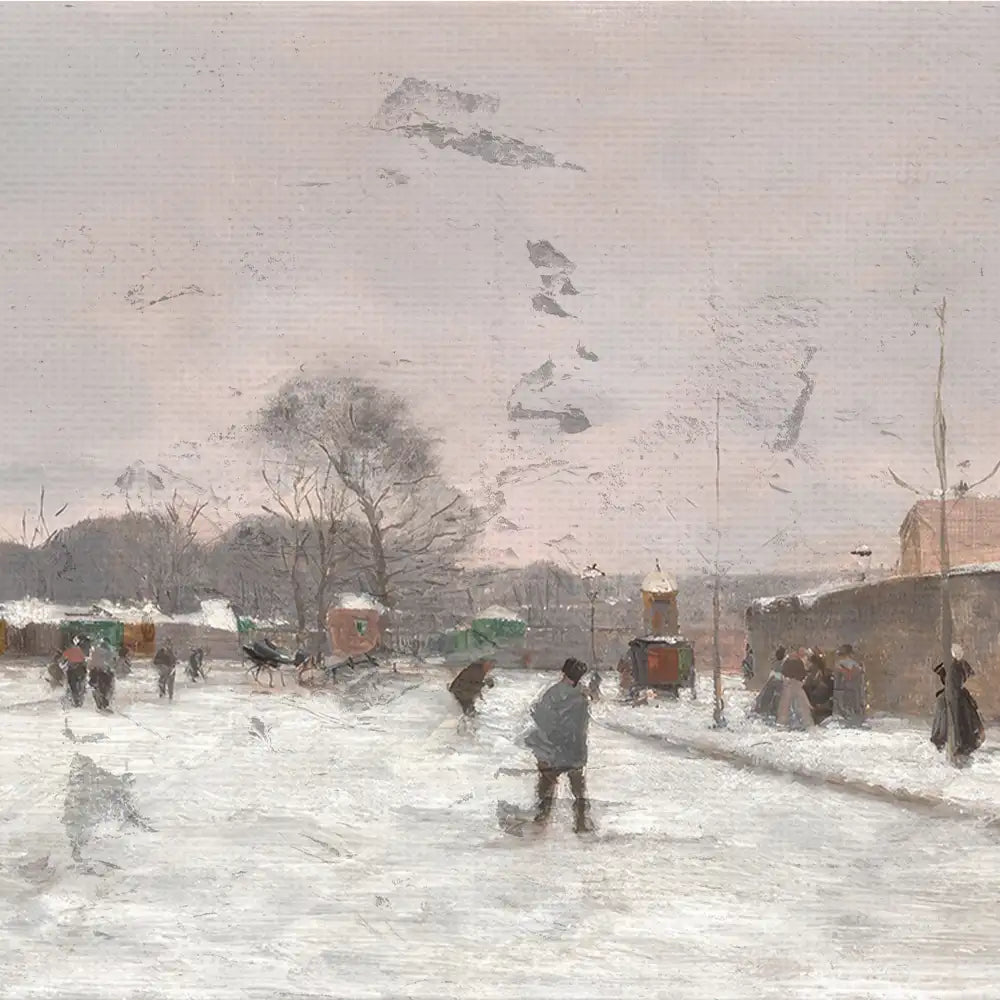 Winter scene painting featuring people walking and playing in a snowy landscape, with trees and buildings in the background.