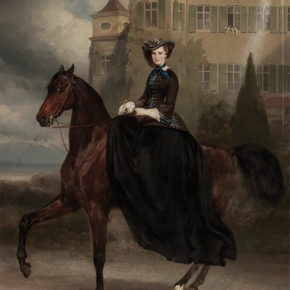 Portrait of a woman in a black dress and hat sitting on a brown horse, set against a scenic background with a building and trees.