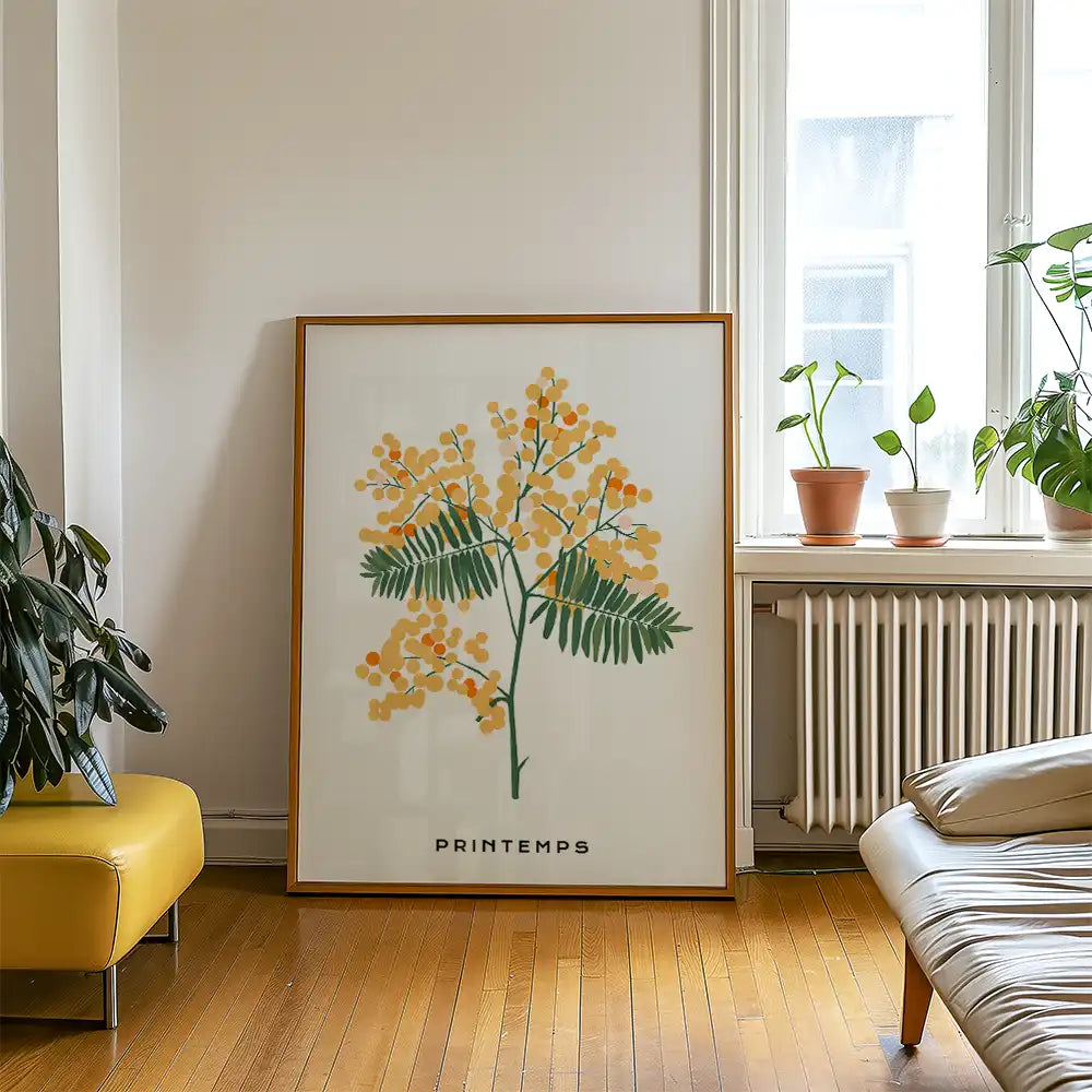 Modern poster of a mimosa branch with yellow flowers and green leaves, framed and displayed in a stylish interior setting, featuring a minimalist aesthetic and a focus on spring, labeled "PRINTEMPS."