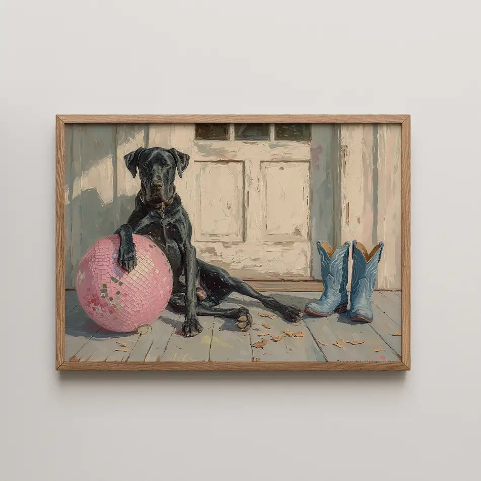 Black dog lounging with a pink ball and cowboy boots against a rustic backdrop, capturing the whimsical spirit of country life in a charming art print titled "Daemon - Cowboy Dogs."