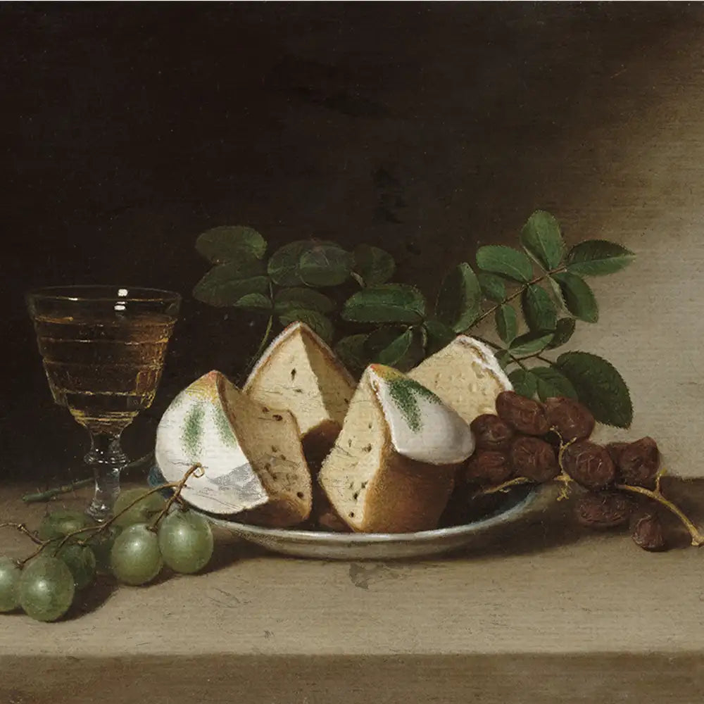 Still life painting featuring a plate with sliced cake, a glass of golden liquid, green grapes, and dark grapes surrounded by foliage.