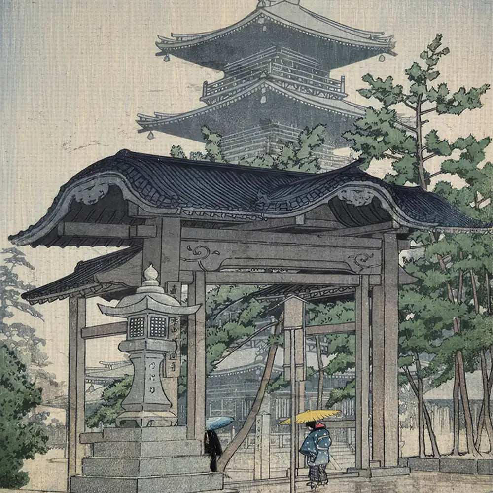 A traditional Japanese landscape painting featuring a pagoda, stone lantern, and individuals under umbrellas in front of a torii gate surrounded by greenery.