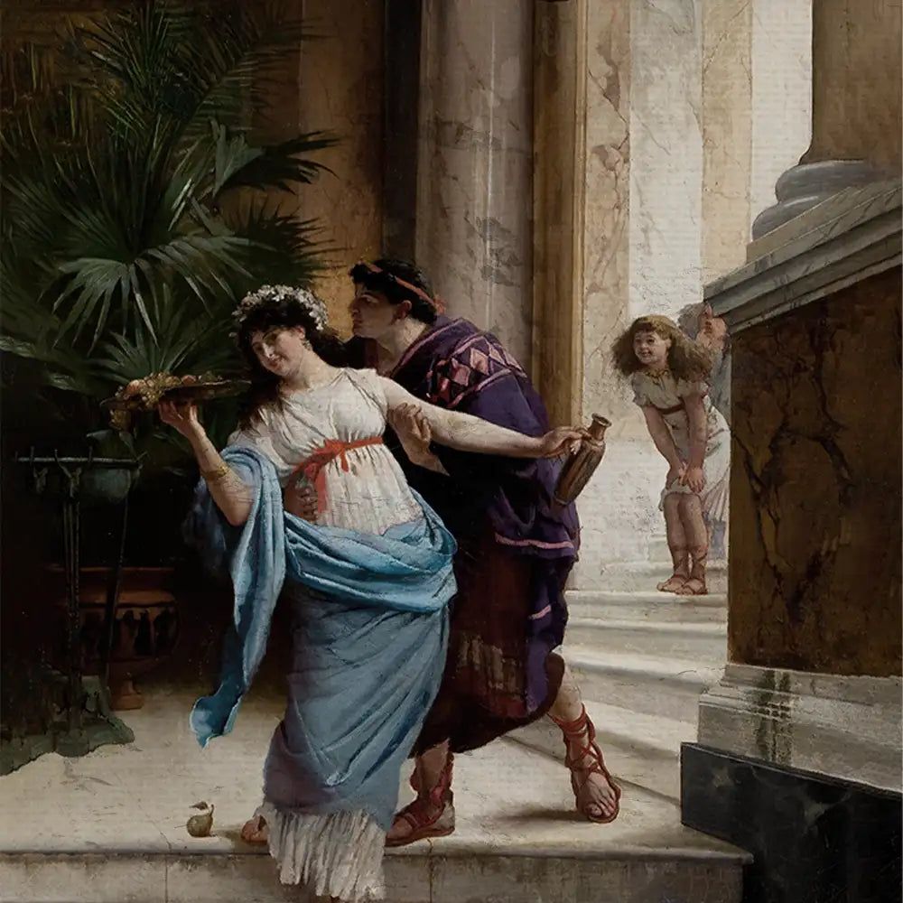 A historical painting depicting a woman in a flowing dress and floral crown alluringly holding a platter, while a man in Roman attire leans closer, and a child peeks from behind a column.