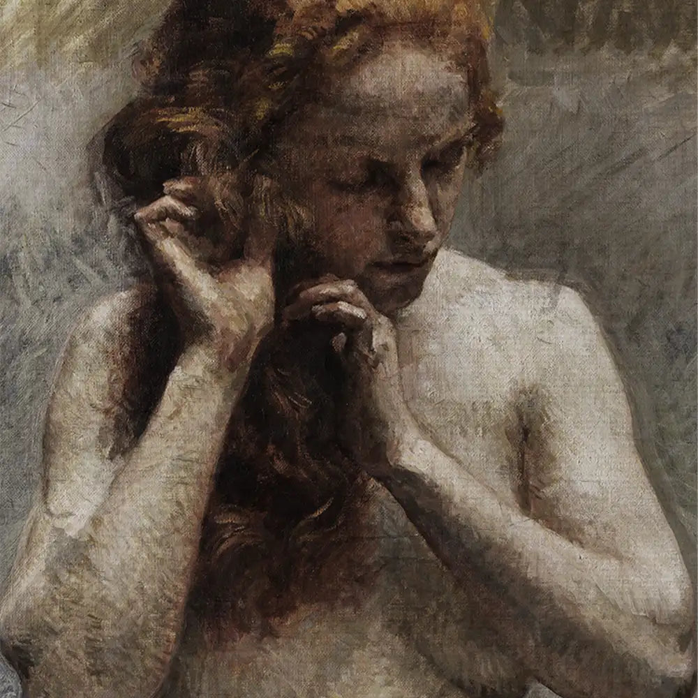 Painting of a contemplative young woman with red hair, gently touching her hair and looking downward, set against a muted background.