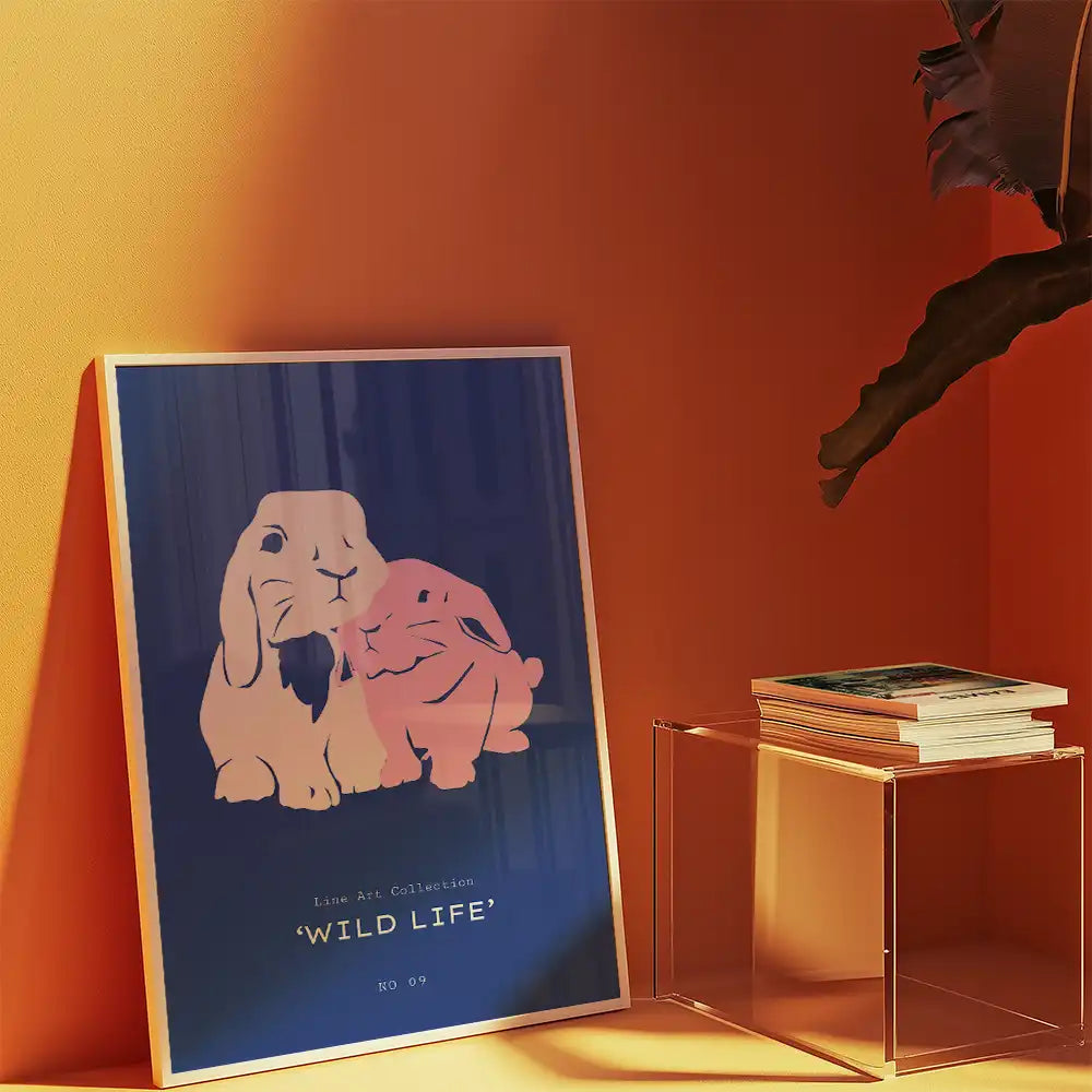 Modern poster of adorable rabbits titled "WILD LIFE," featuring a minimalist design with soft colors, perfect for home decor.