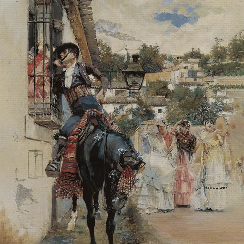 A man in traditional attire riding a decorated horse, leaning towards a window, with women in historical dresses and rural scenery in the background.