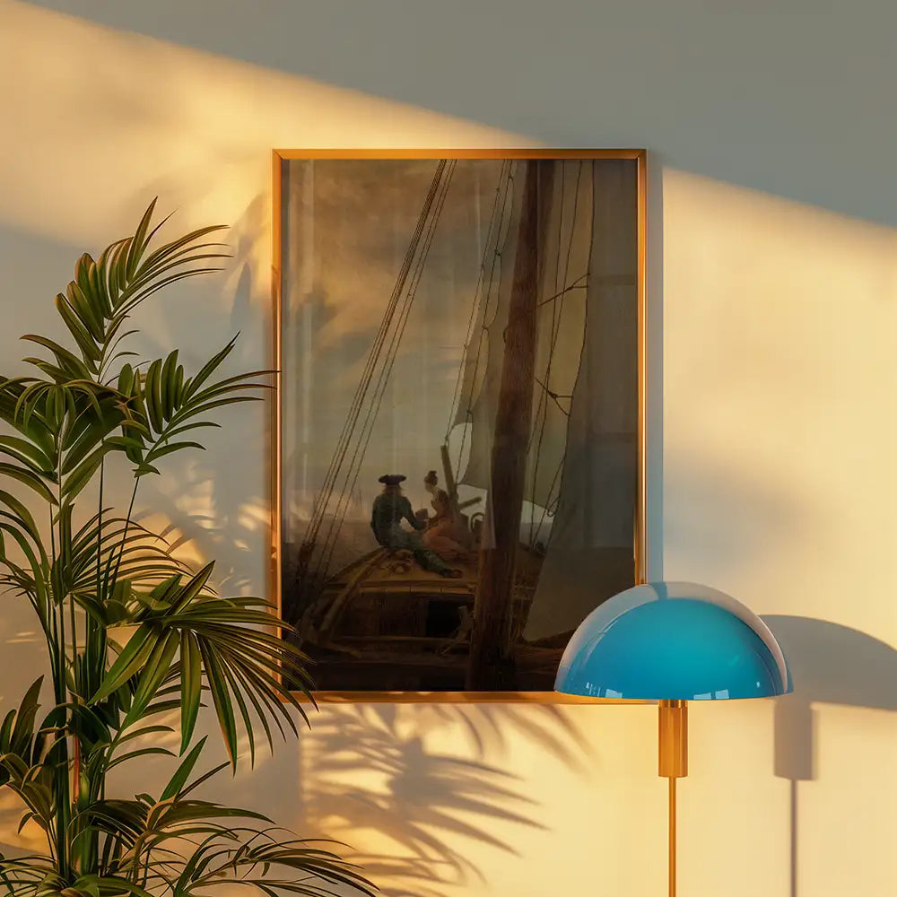 Painting of two figures on a boat, framed and hung on a wall next to a potted plant and a modern lamp.