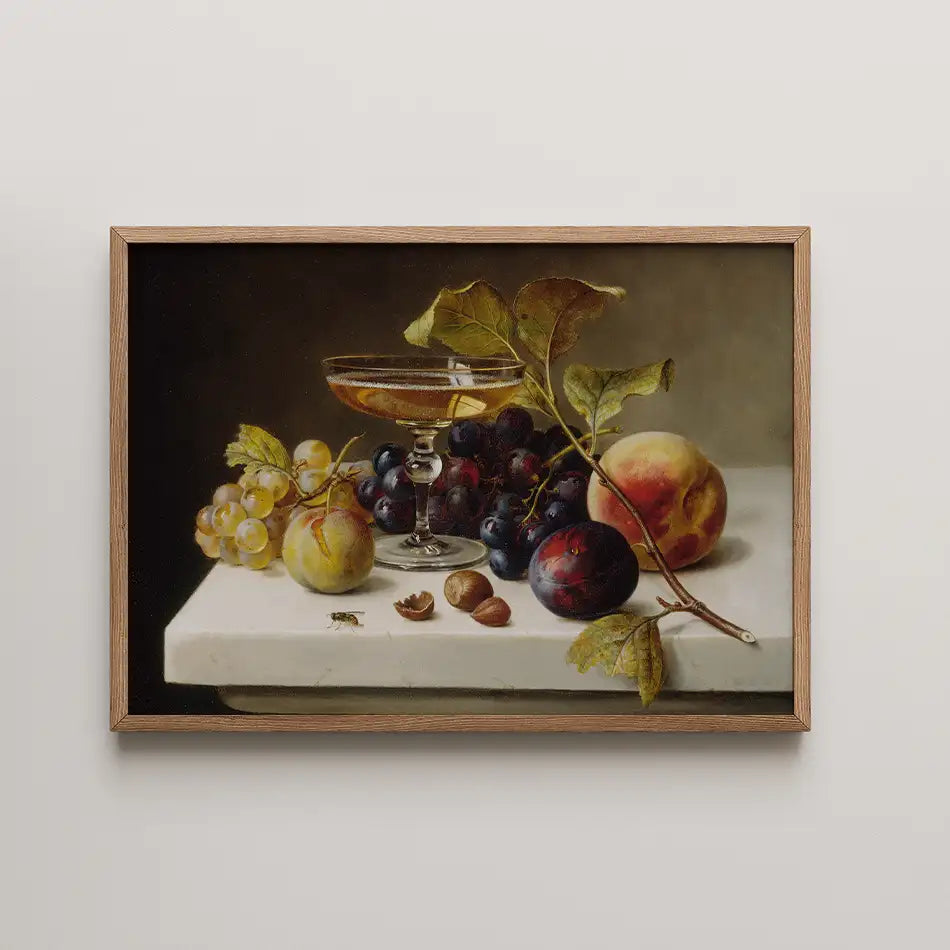 Still life painting featuring a glass of beverage, assorted fruits including grapes, peaches, and plums, displayed on a marble surface with foliage and a small insect.
