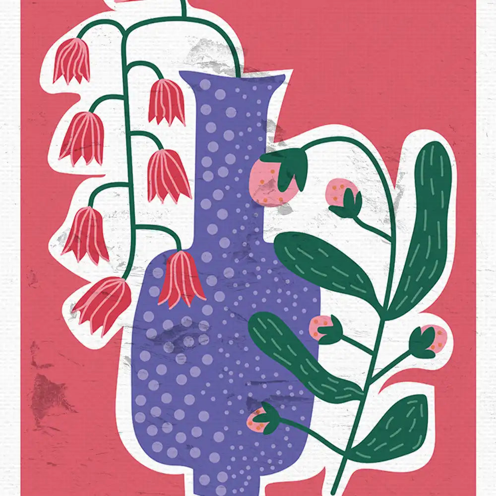 Modern art poster featuring a vibrant purple vase surrounded by floral designs and a coral pink background, perfect for home decor.