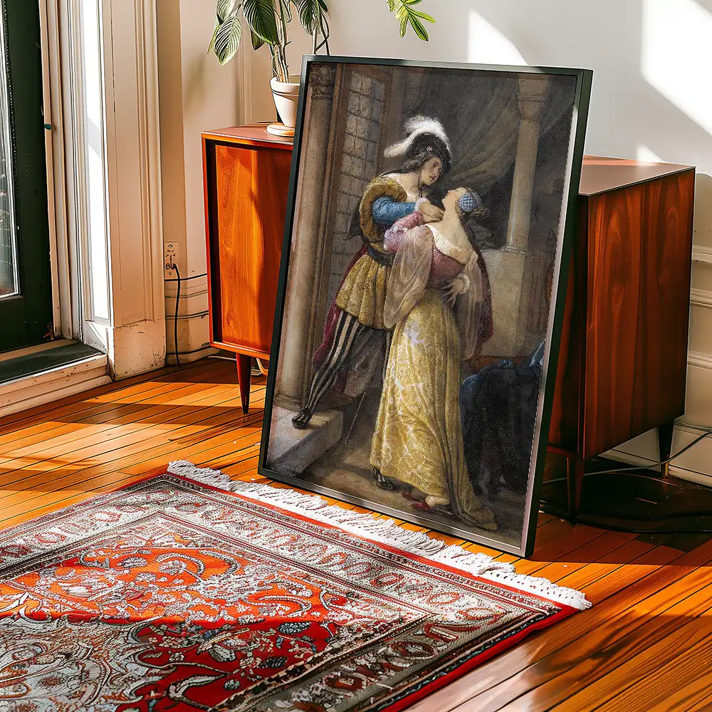 Framed painting of a romantic couple in historical attire leaning towards each other, placed against a backdrop of a warm, sunlit room with wooden flooring and a patterned rug.
