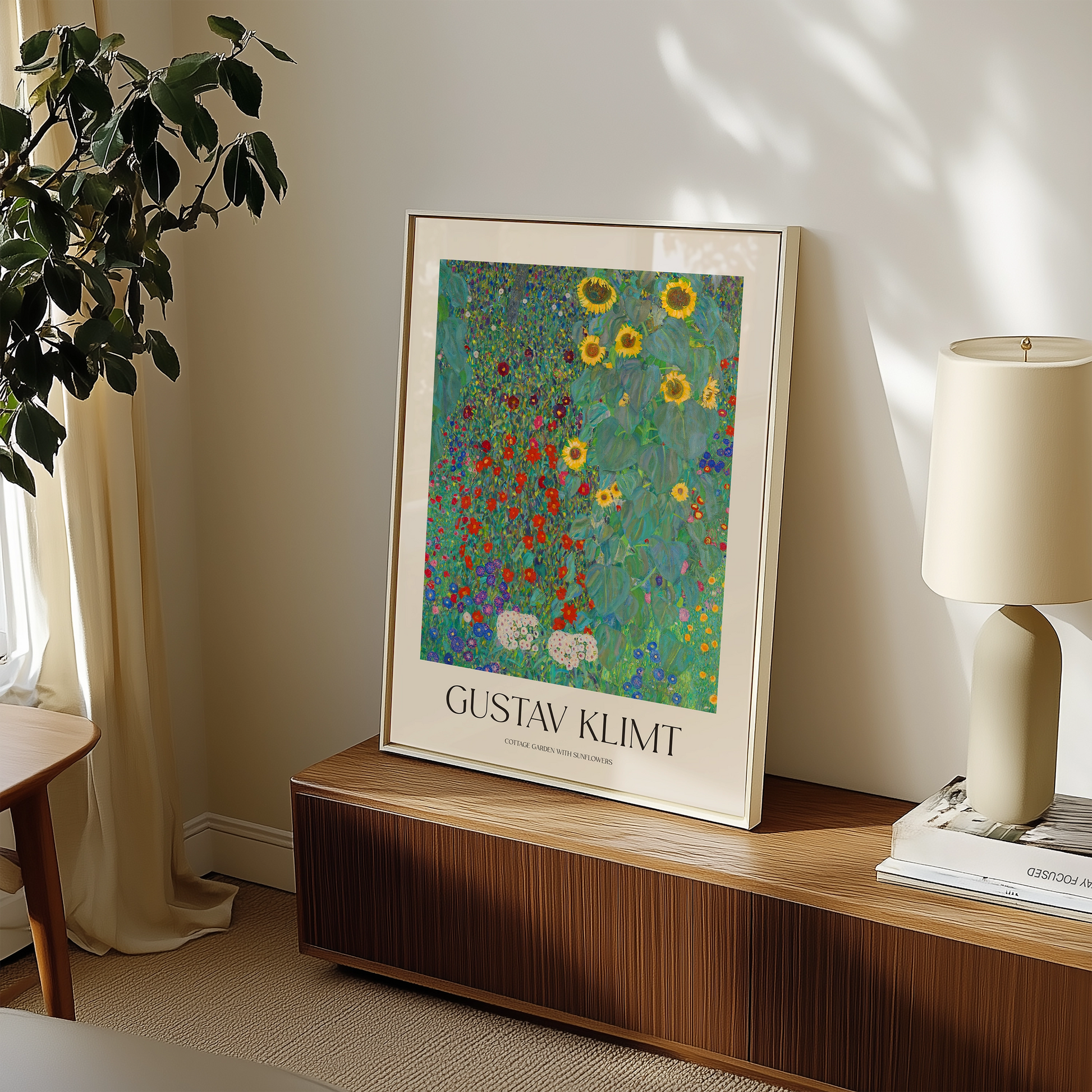 Framed vintage poster by Gustav Klimt featuring a vibrant garden scene with sunflowers and colorful flowers, displayed in a modern living room setting.